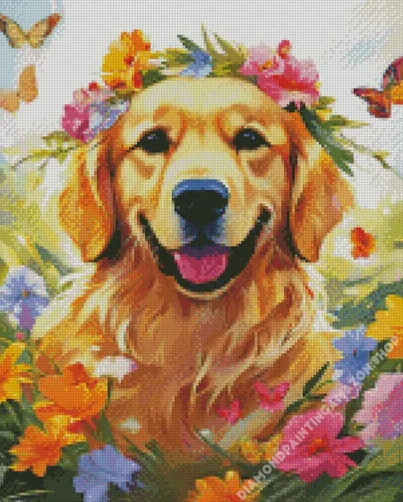 Labrador And Flowers Diamond Painting