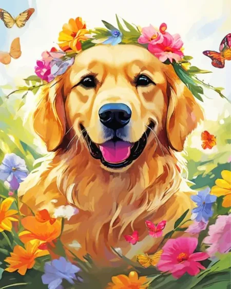 Labrador And Flowers Diamond Painting
